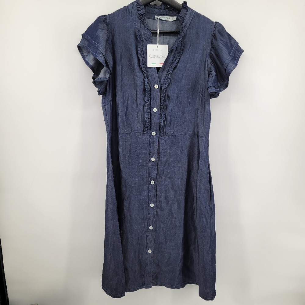 Valentina Naldi Blue Ruffled V Neck Button-Down Dress Size Small Made In Italy